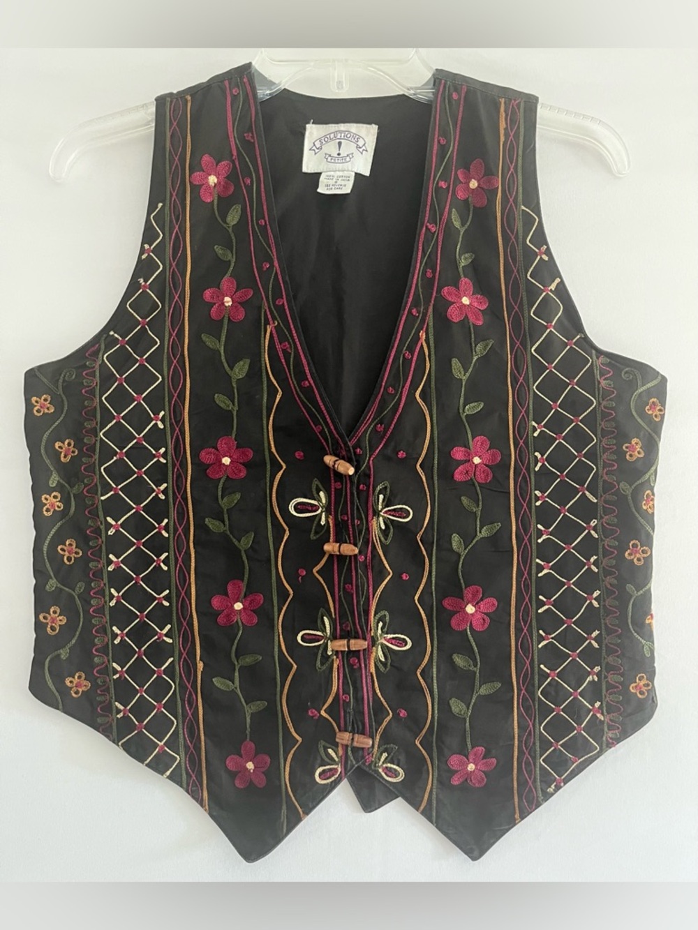 Vtg Embroidered Floral Boho Cotton Vest Cottagecore Black - Solutions Petite